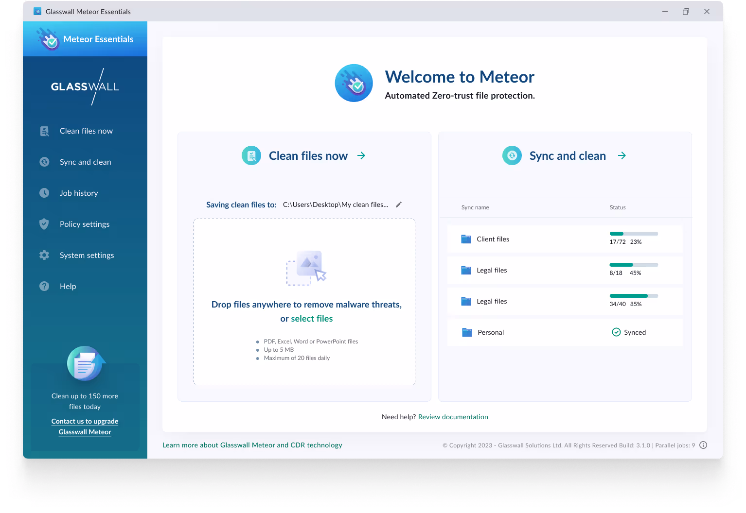 Glasswall Meteor user interface