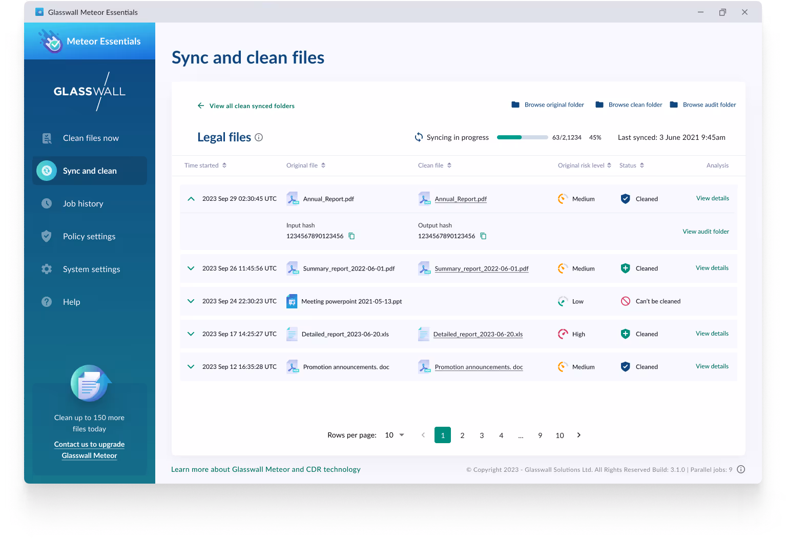 Glasswall meteor sync and clean functions