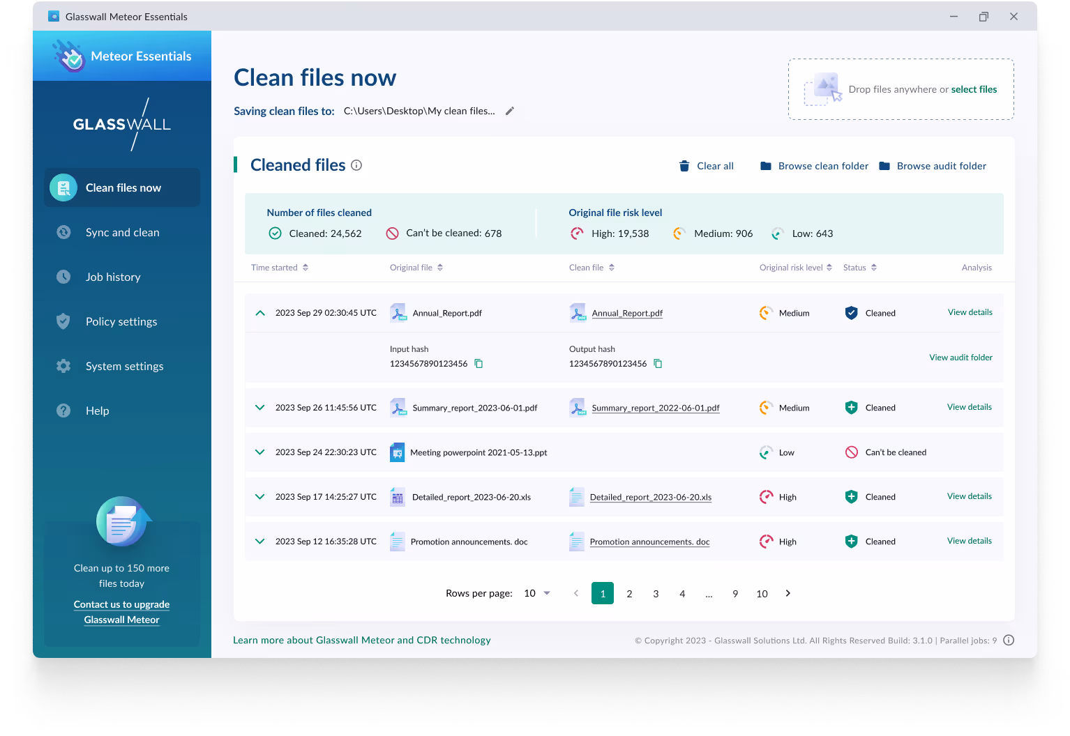 Glasswall Meteor result page after cleaning a file
