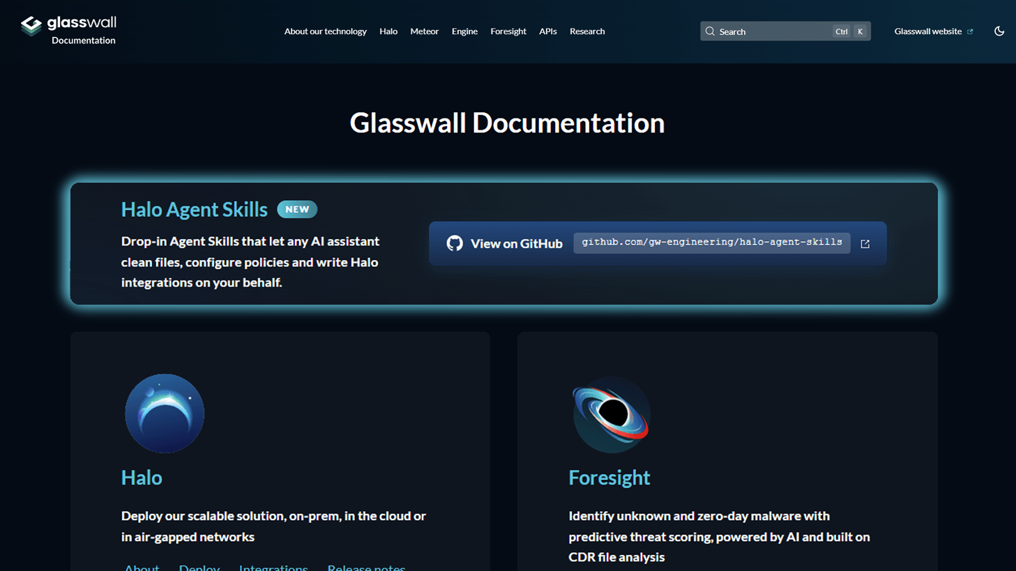 Screenshot of Docs site with announcement of Halo Agent Skills and link to GitHub