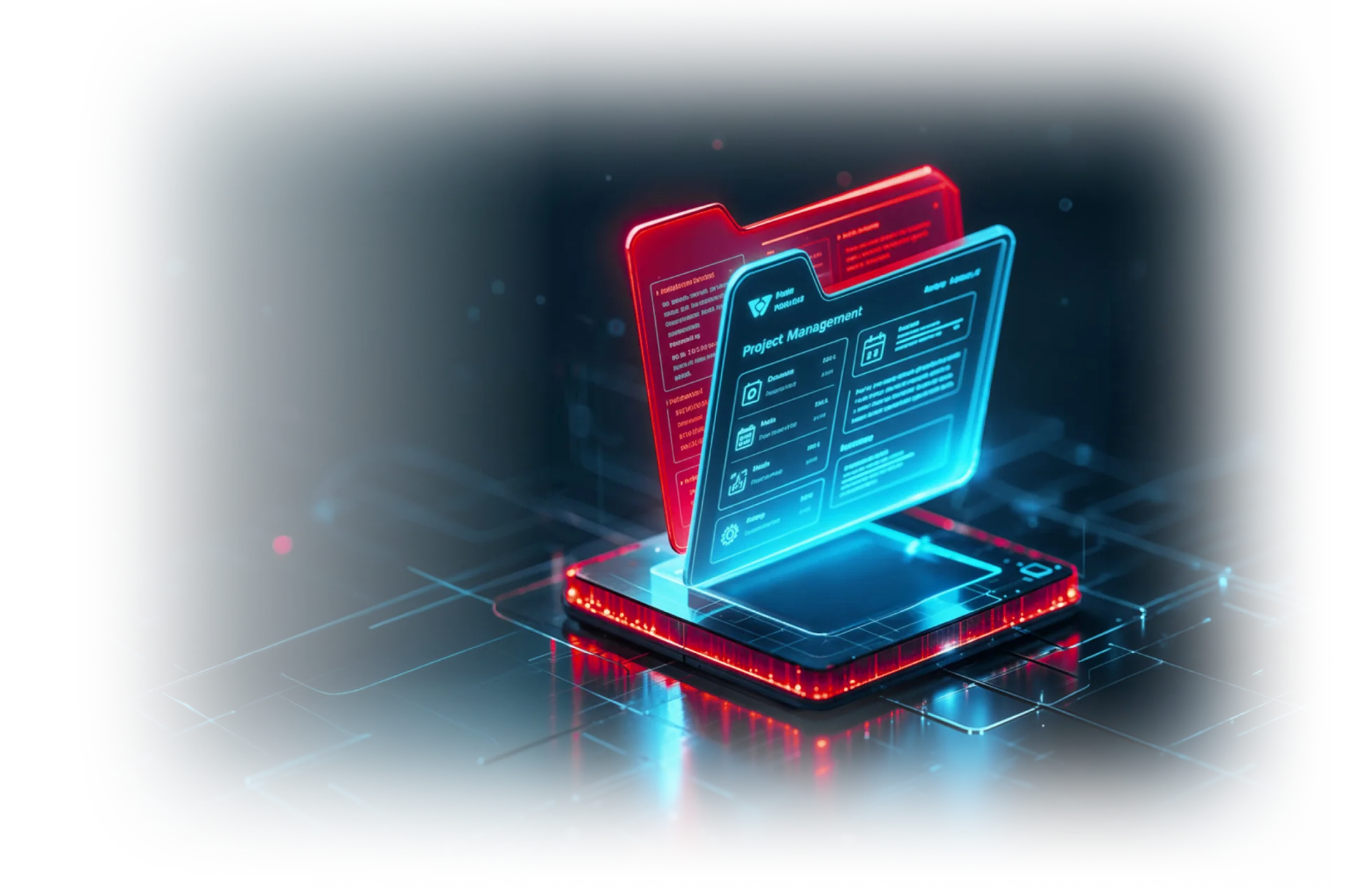 Holographic folder and document being rebuilt on a glowing platform, representing Zero Trust CDR