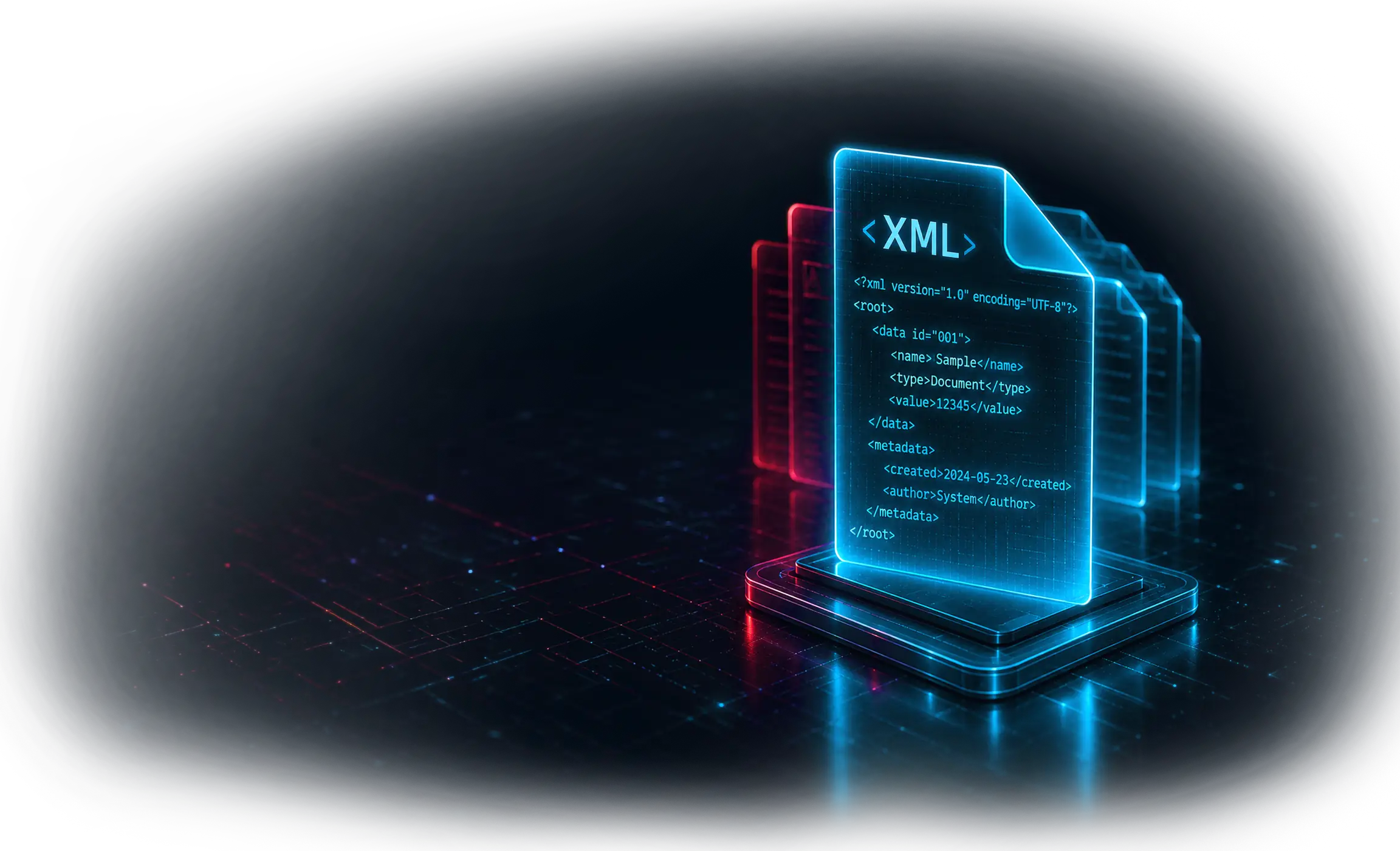 Stack of glowing XML documents on a platform, representing Glasswall Transform to XML