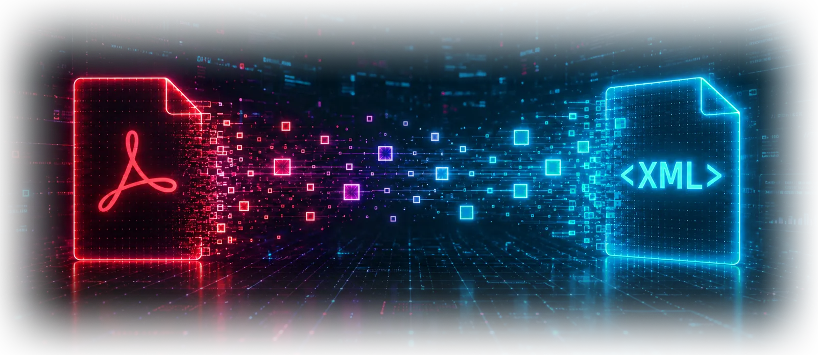A PDF file breaking apart into data that flows into a verifiable XML file