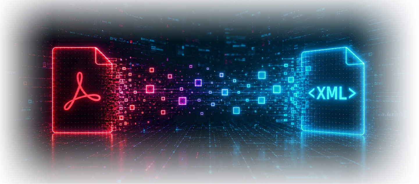 A PDF file breaking apart into data that flows into a verifiable XML file