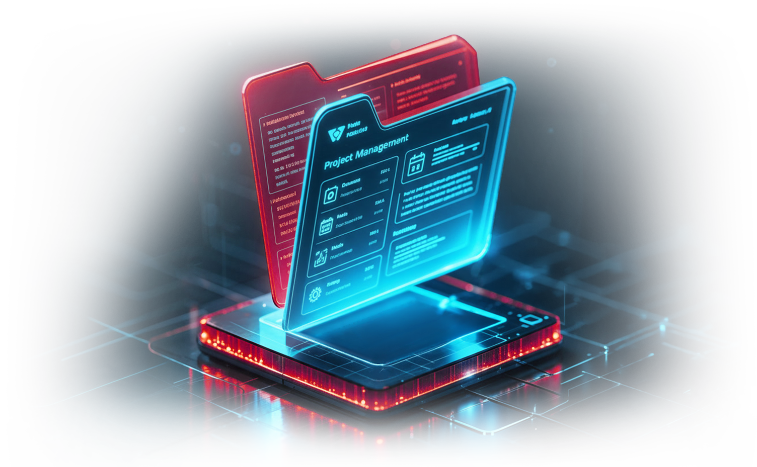 Holographic folder and document being rebuilt on a glowing platform, representing Zero Trust CDR