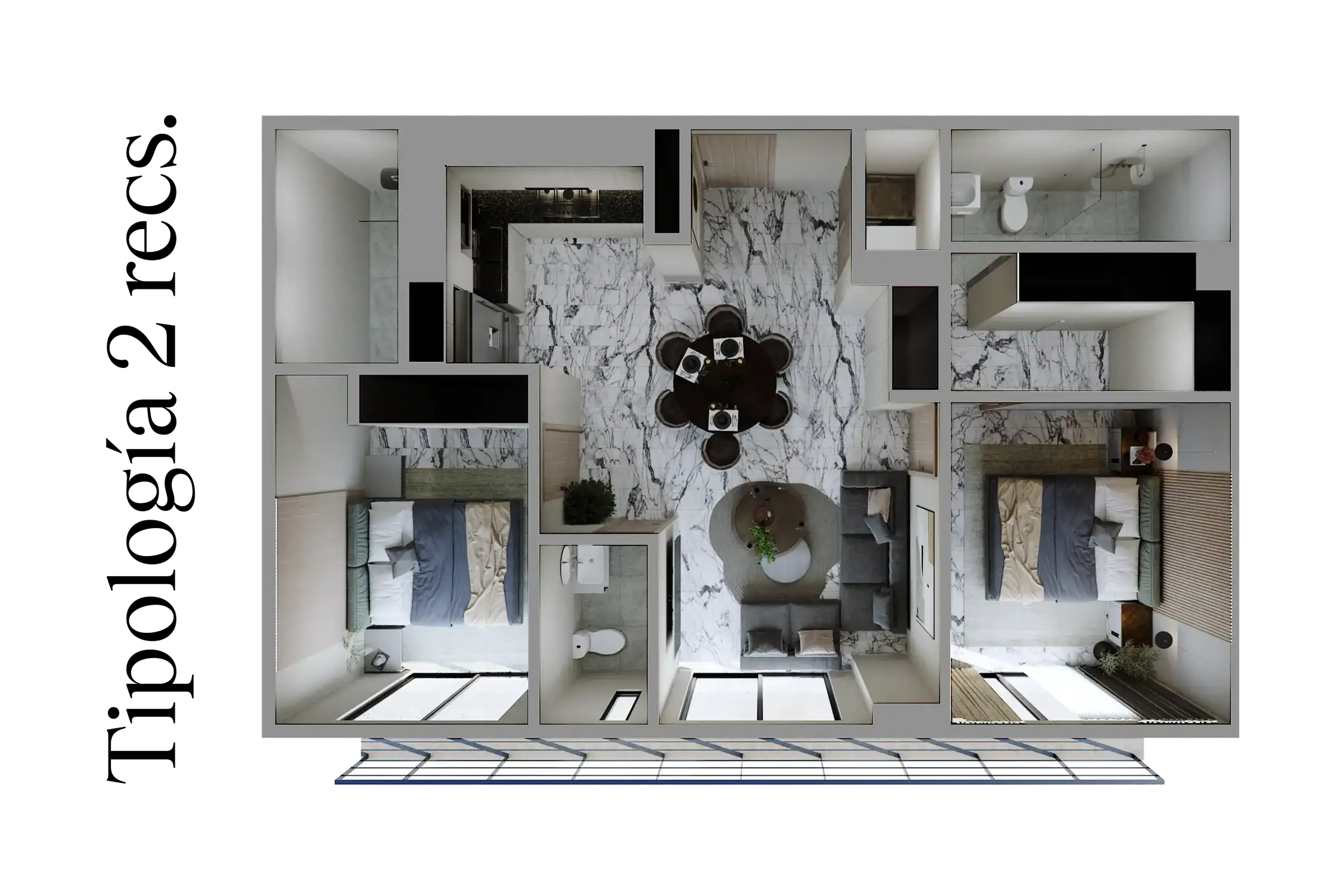 Top view floor plan of a two-bedroom apartment with living, dining, kitchen, and two bathrooms.