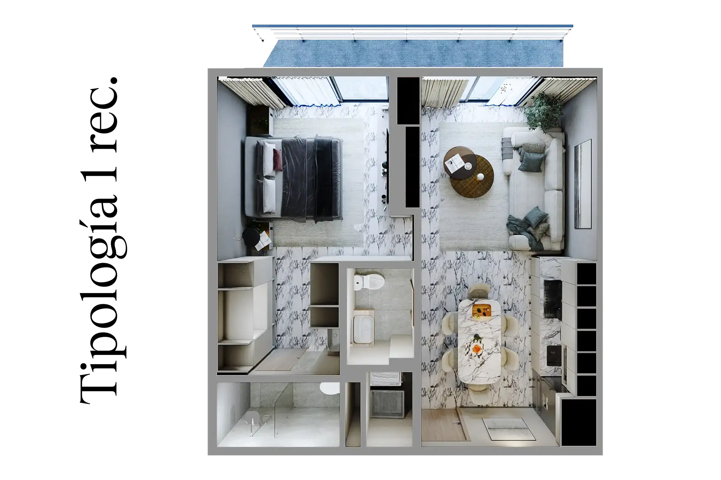 Top-down view of a one-bedroom apartment with bedroom, living room, kitchen, dining, and bathroom.