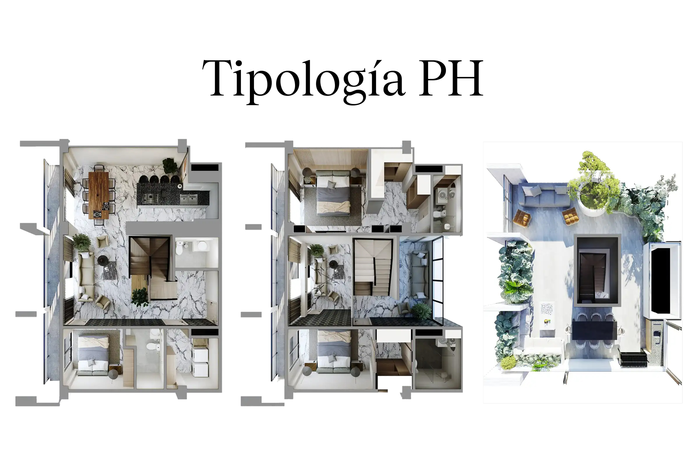 Three-floor architectural floor plans showing living, dining, bedrooms, bathrooms, and rooftop garden spaces.