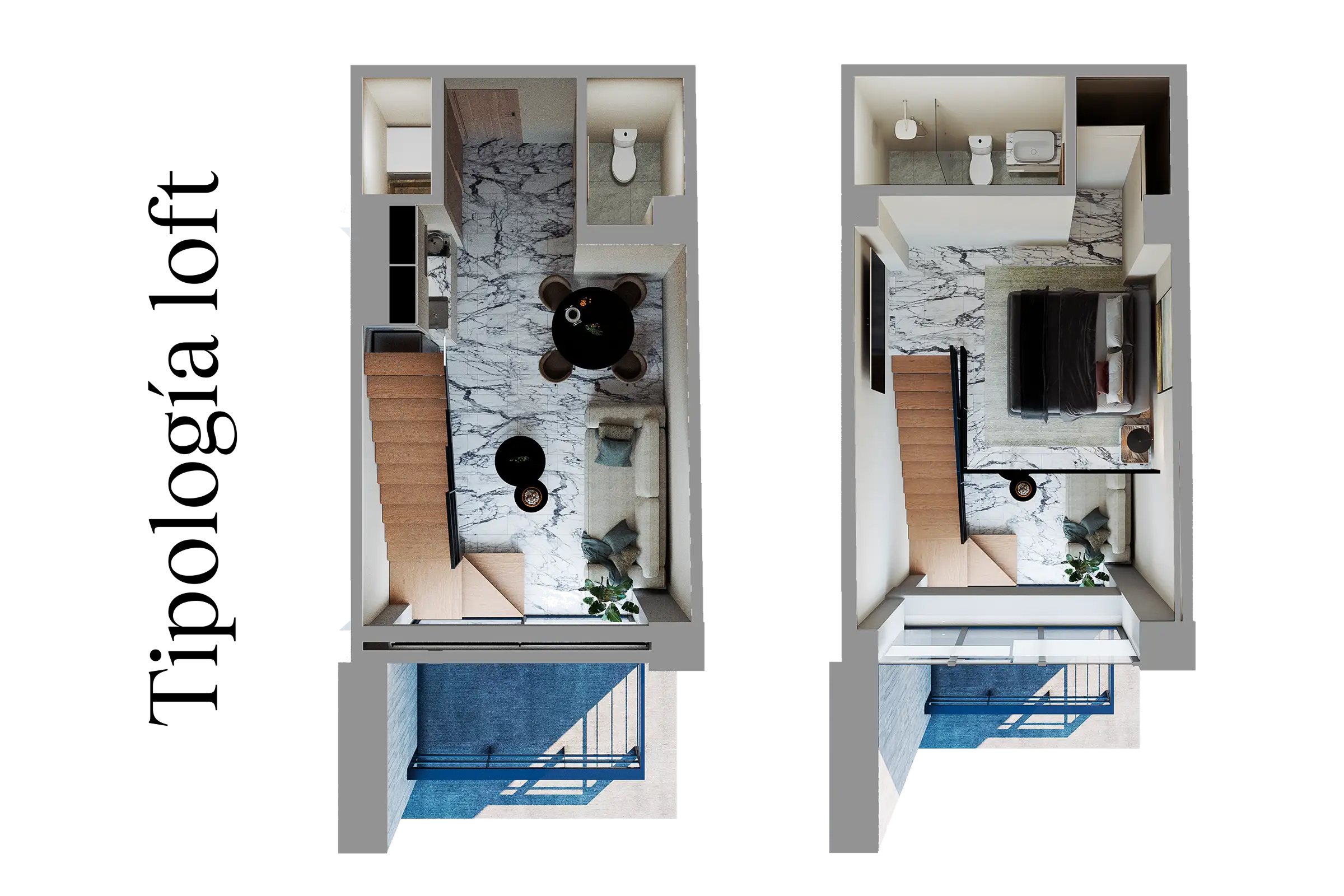 Two-level loft floor plan with kitchen, dining, living area downstairs, bedroom, bathroom, and seating upstairs.