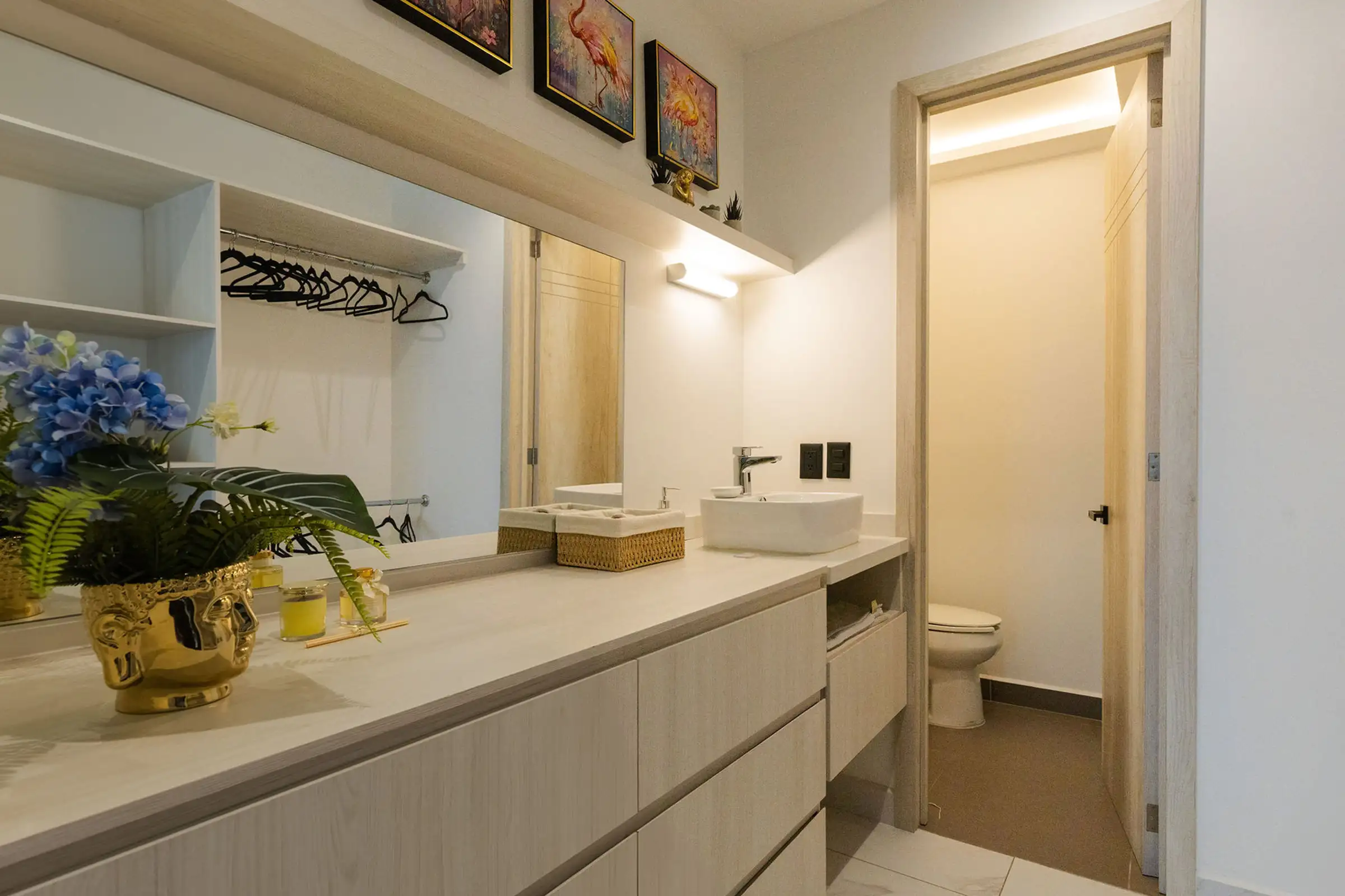 Modern bathroom with light wood vanity, rectangular sink, large mirror, and an open door to a toilet room.