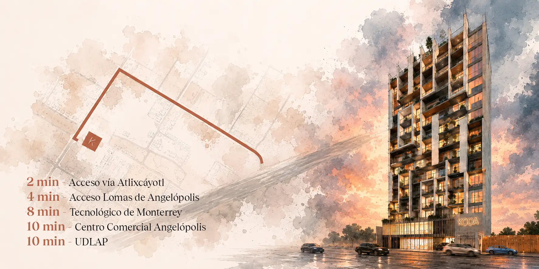 Illustration of KOAA building at sunset with a route map and travel times to local landmarks.