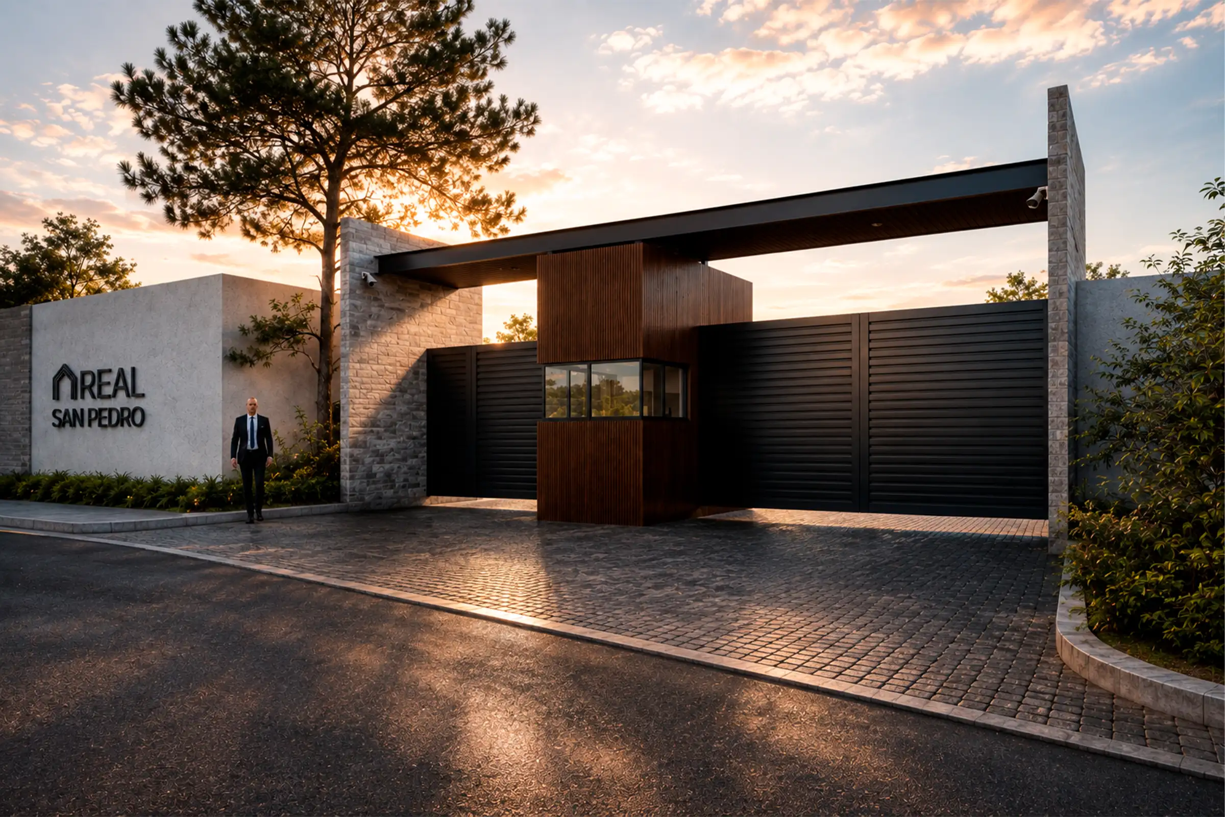 Modern gated entrance to a residential area named Real San Pedro with stone walls, a security booth with glass windows, and black metal gates at sunset with a man in a suit walking on the left side.