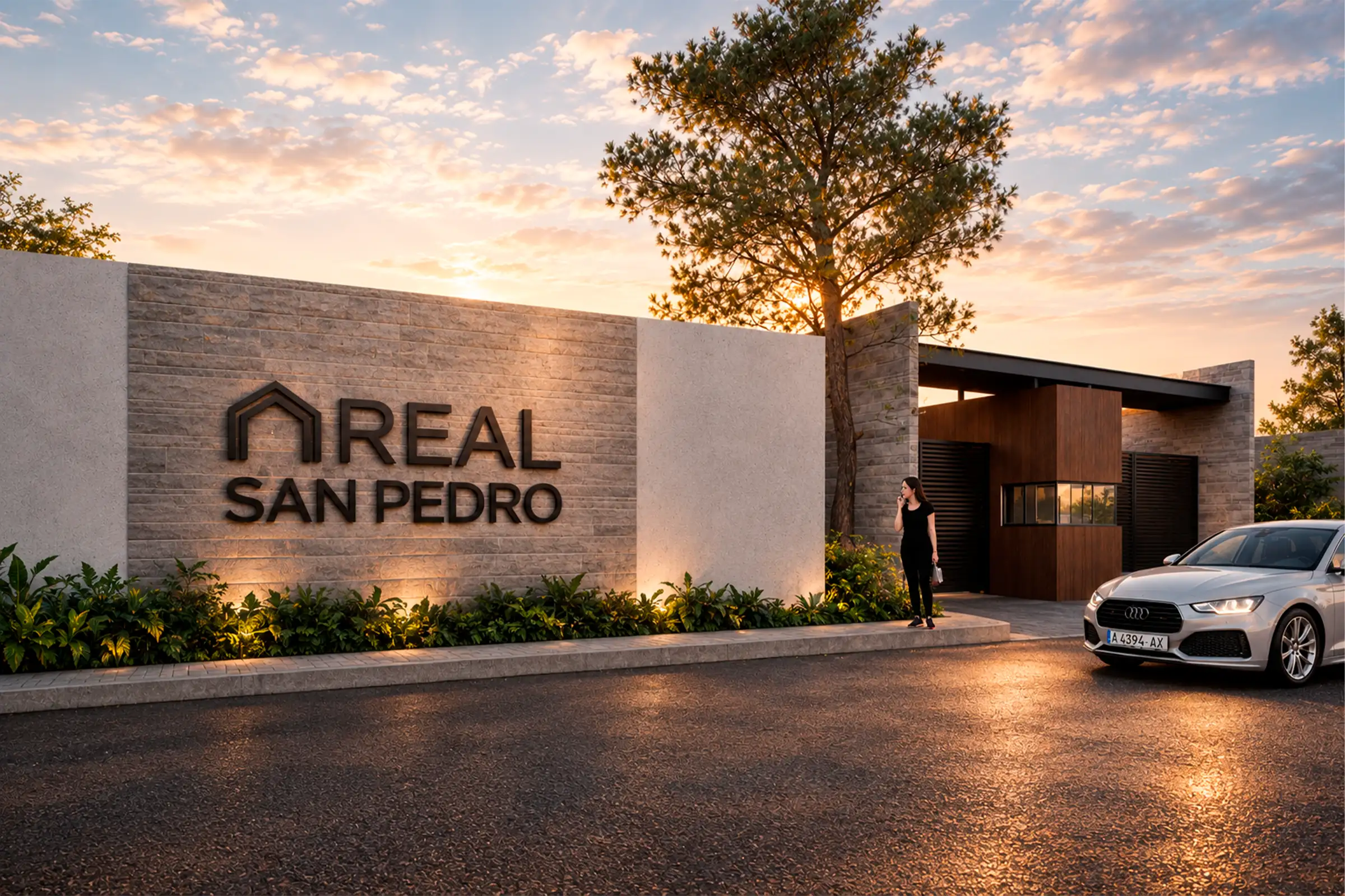 Entrance to a residential community named Real San Pedro with a modern stone and concrete wall sign illuminated at sunset, a woman standing nearby, and a silver Audi car parked on the asphalt road.