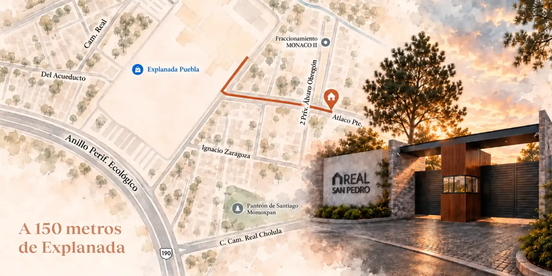 Illustration of KOAA building at sunset with a route map and travel times to local landmarks.