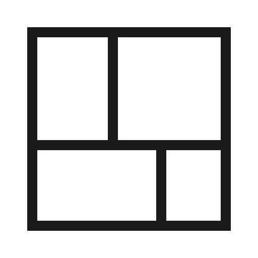Black icon of a square divided into five smaller rectangles in a grid pattern: two stacked on the left, two stacked on the right with the bottom right being smaller, and one large rectangle on the bottom left.