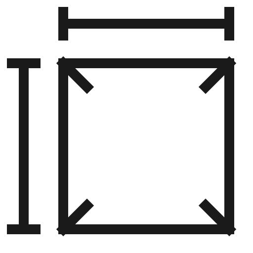 Black icon showing a square with arrows pointing outward from each corner, surrounded by horizontal and vertical double-headed measurement lines.