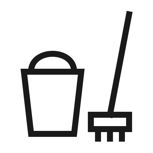 Simple black icon of a bucket next to a mop or broom on a transparent background.