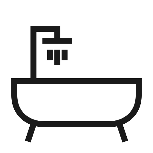 Icon of a bathtub with an overhead showerhead and water droplets, symbolizing a bathroom or shower.