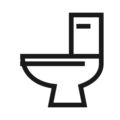 Simple black line icon of a toilet with a tank and bowl, facing left.