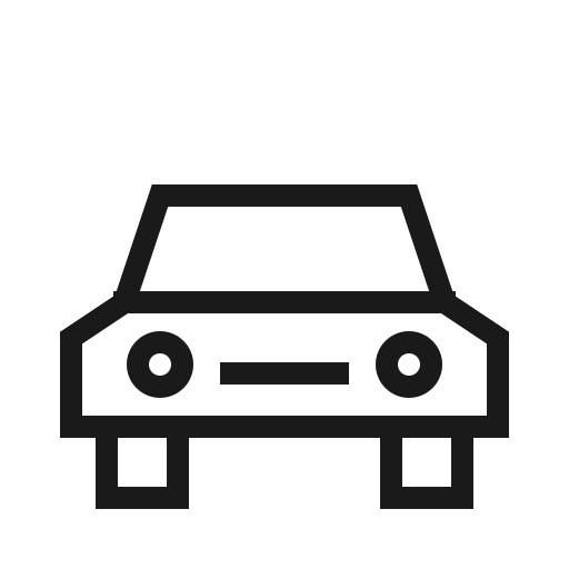 Front view of a simple black car icon with round headlights and a rectangular windshield.