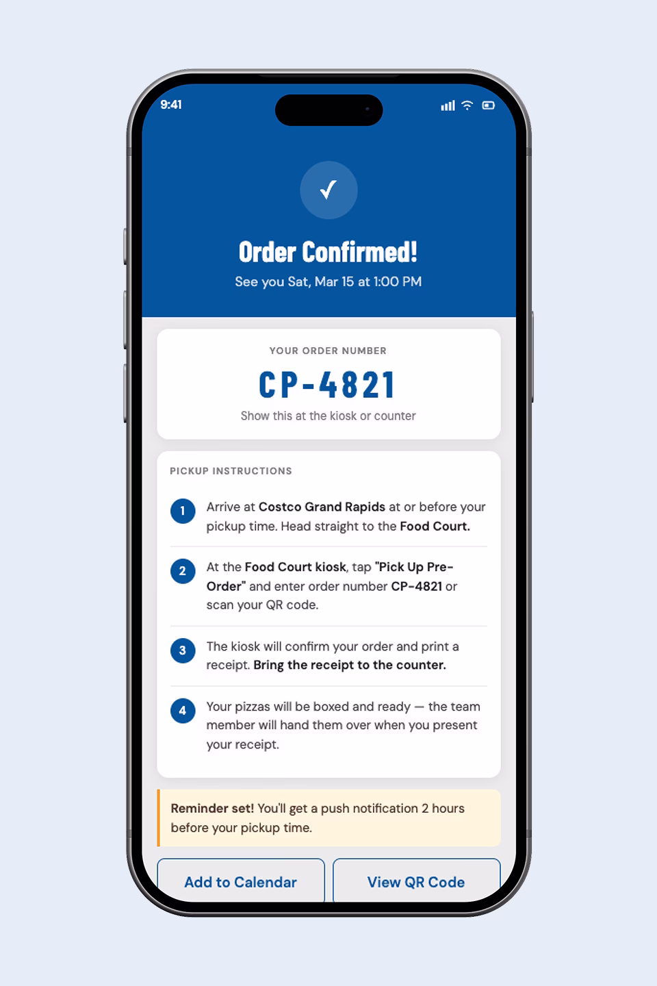 Costco Pizza Pre-Order Order Confirmation Screen