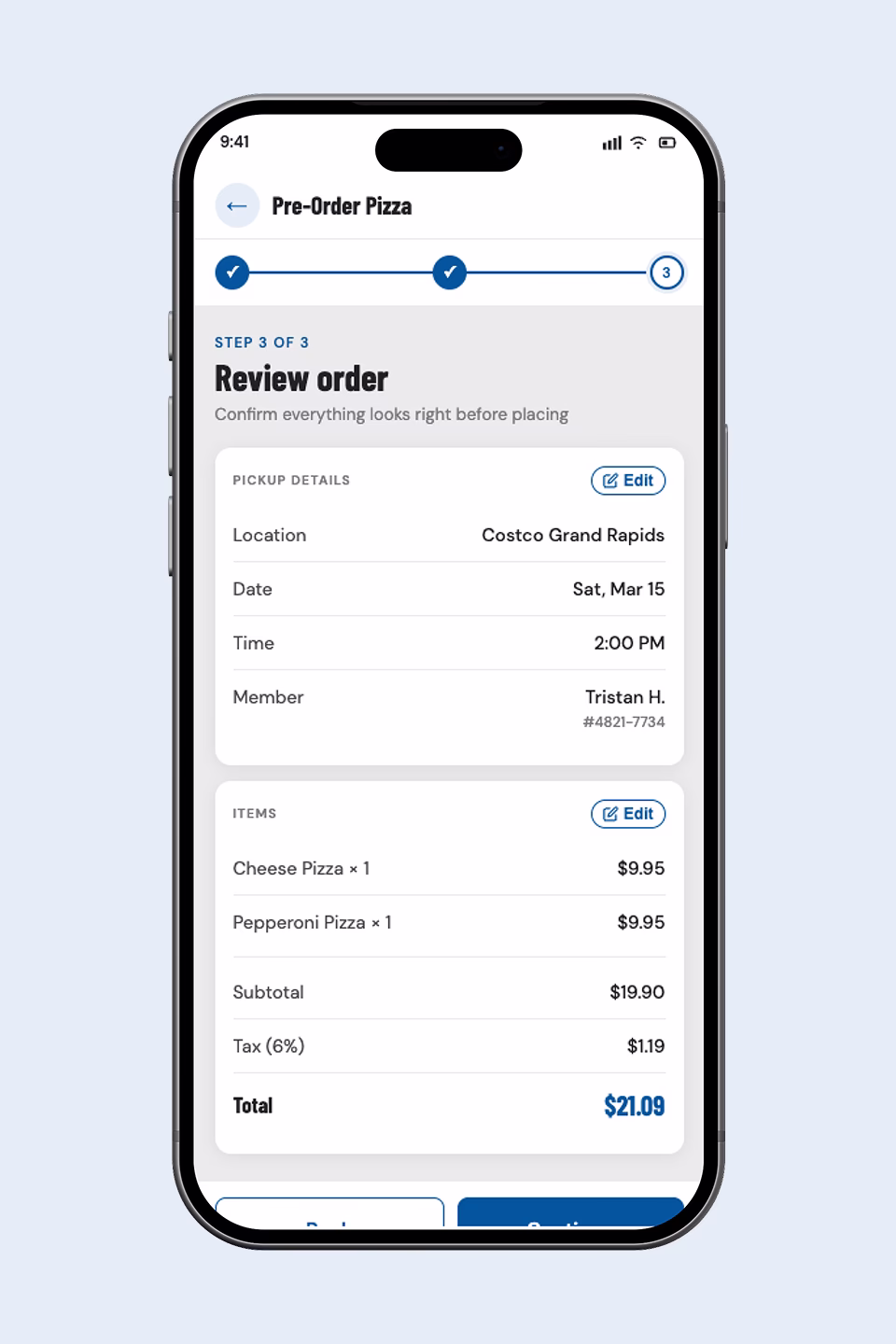 Costco Pizza Pre-Order Review Order Screen