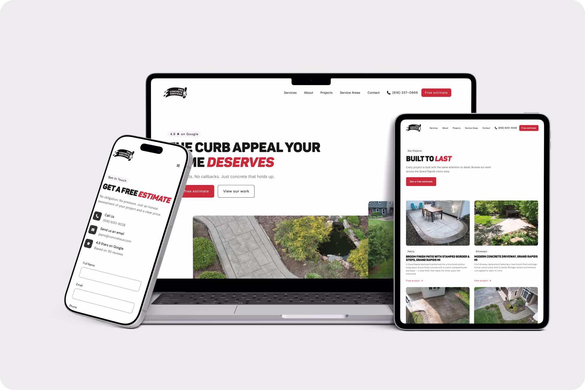 Multi-device mockup showing Pro Concrete Services Home, Projects, and Contact pages