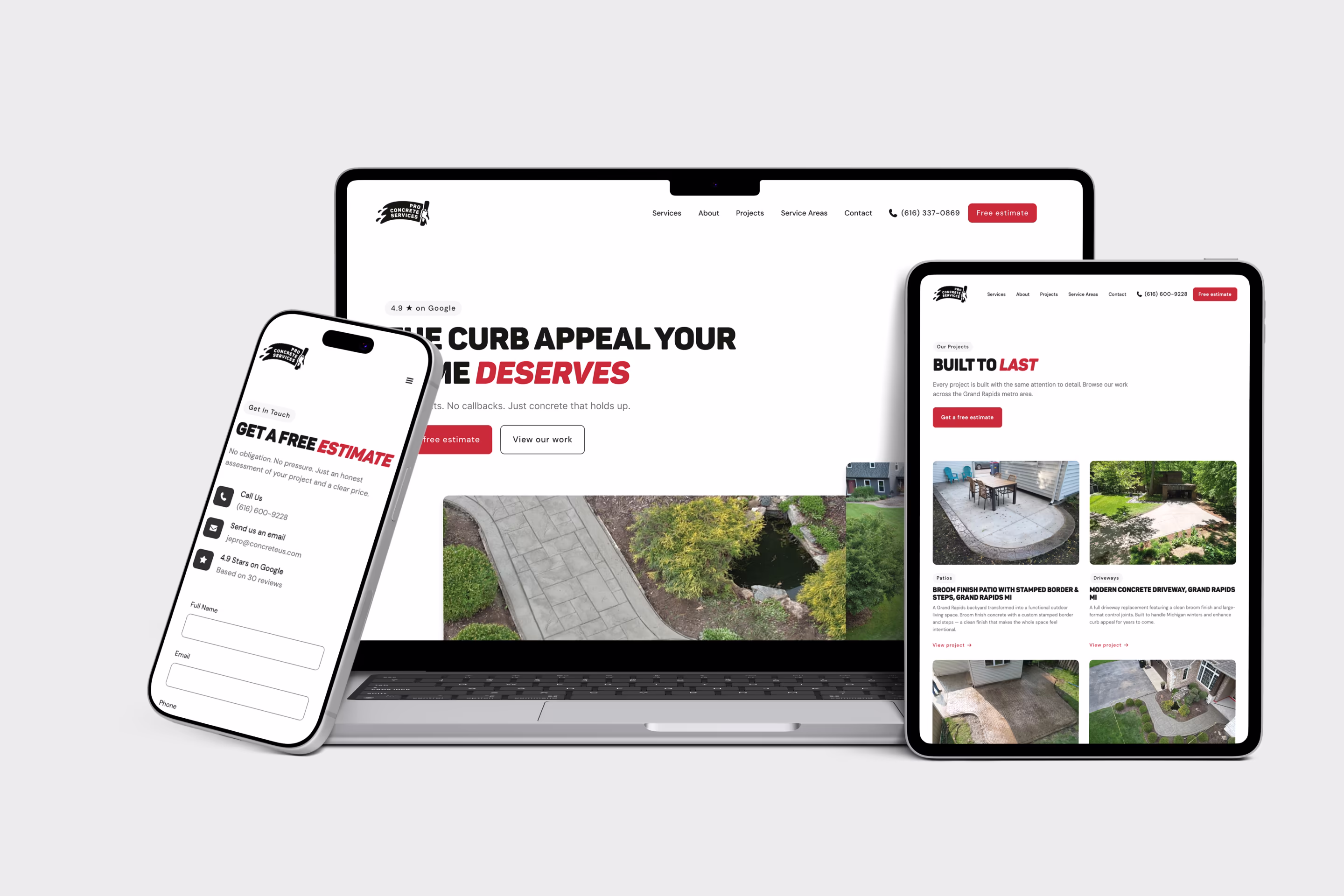 Multi-device mockup showing Pro Concrete Services Home, Projects, and Contact pages