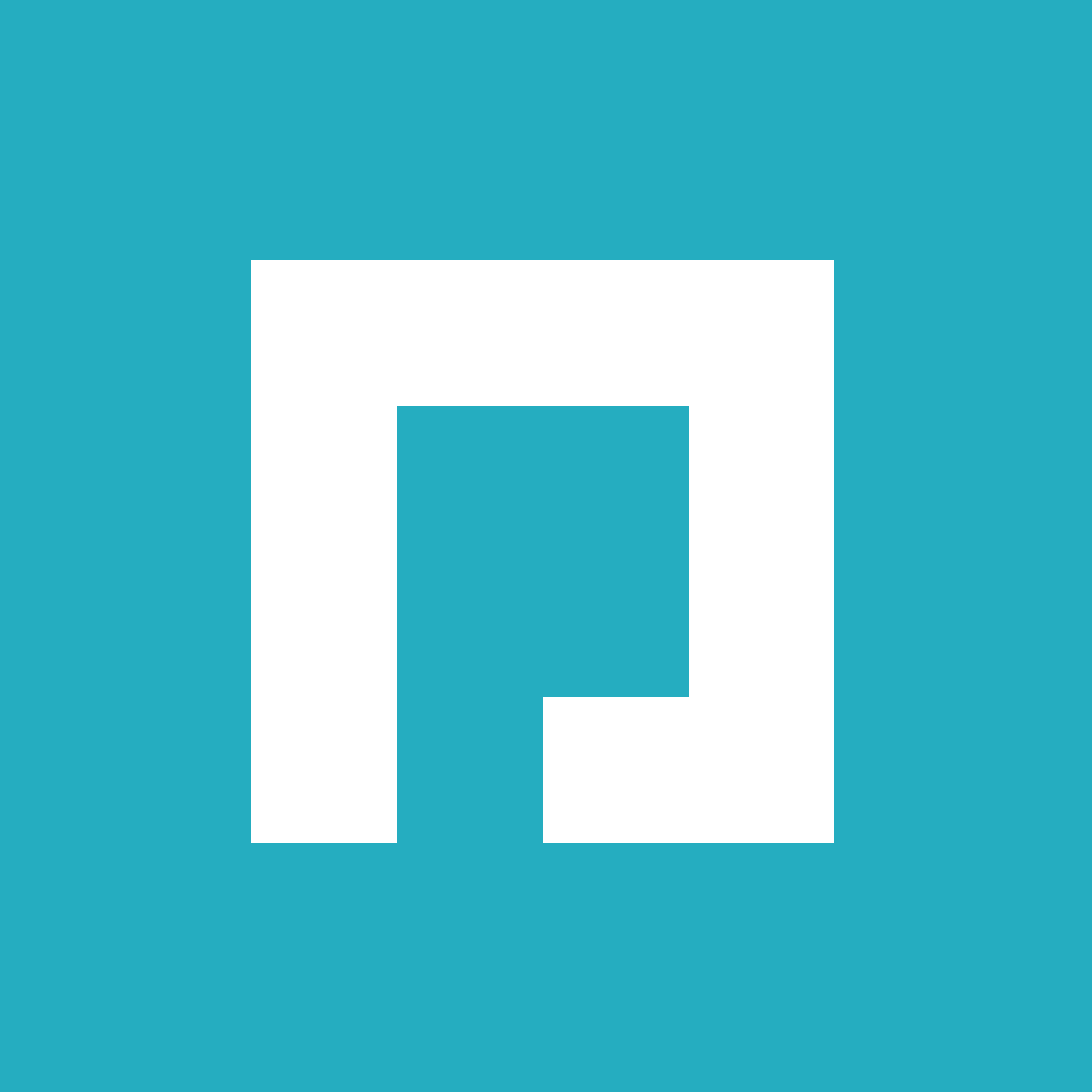 White angular geometric shape resembling an abstract letter M on teal background.