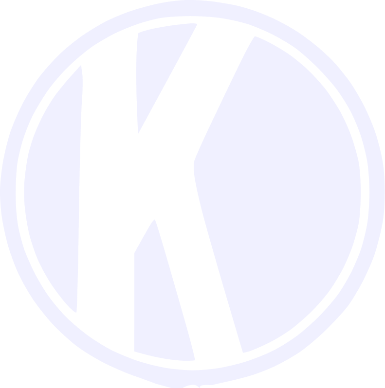 Black letter K inside a black double circle with a light purple background.