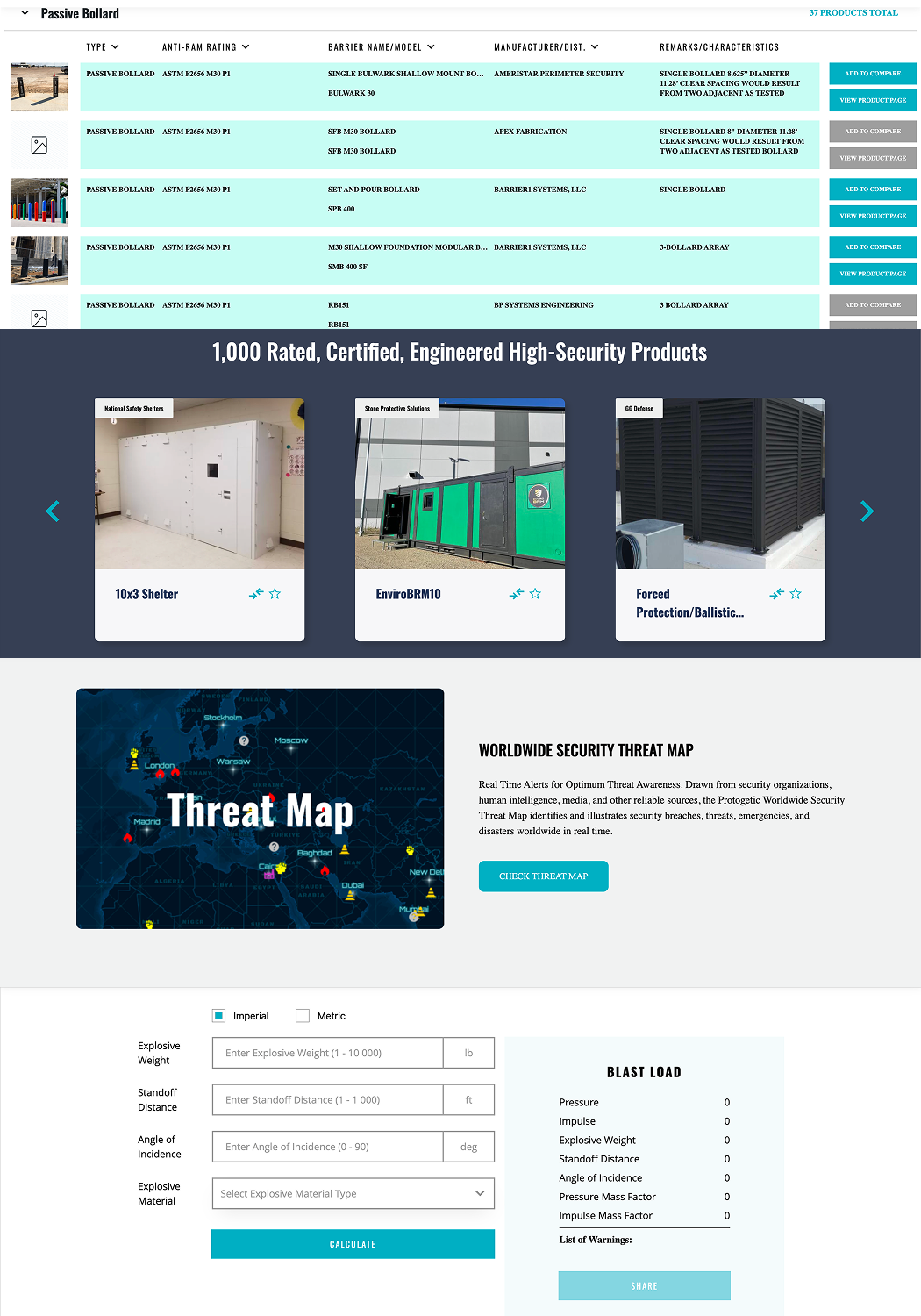 Website section showcasing high-security products, a worldwide threat map, and a blast load calculator form.