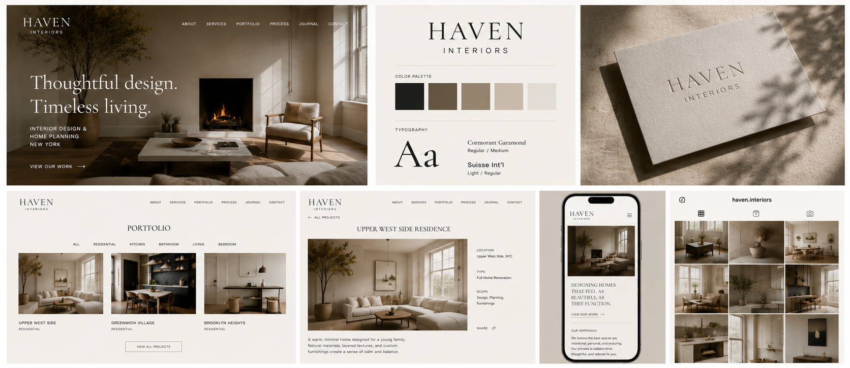Website and branding mockup for Haven Interiors showing logo, color palette, typography, and portfolio web pages.