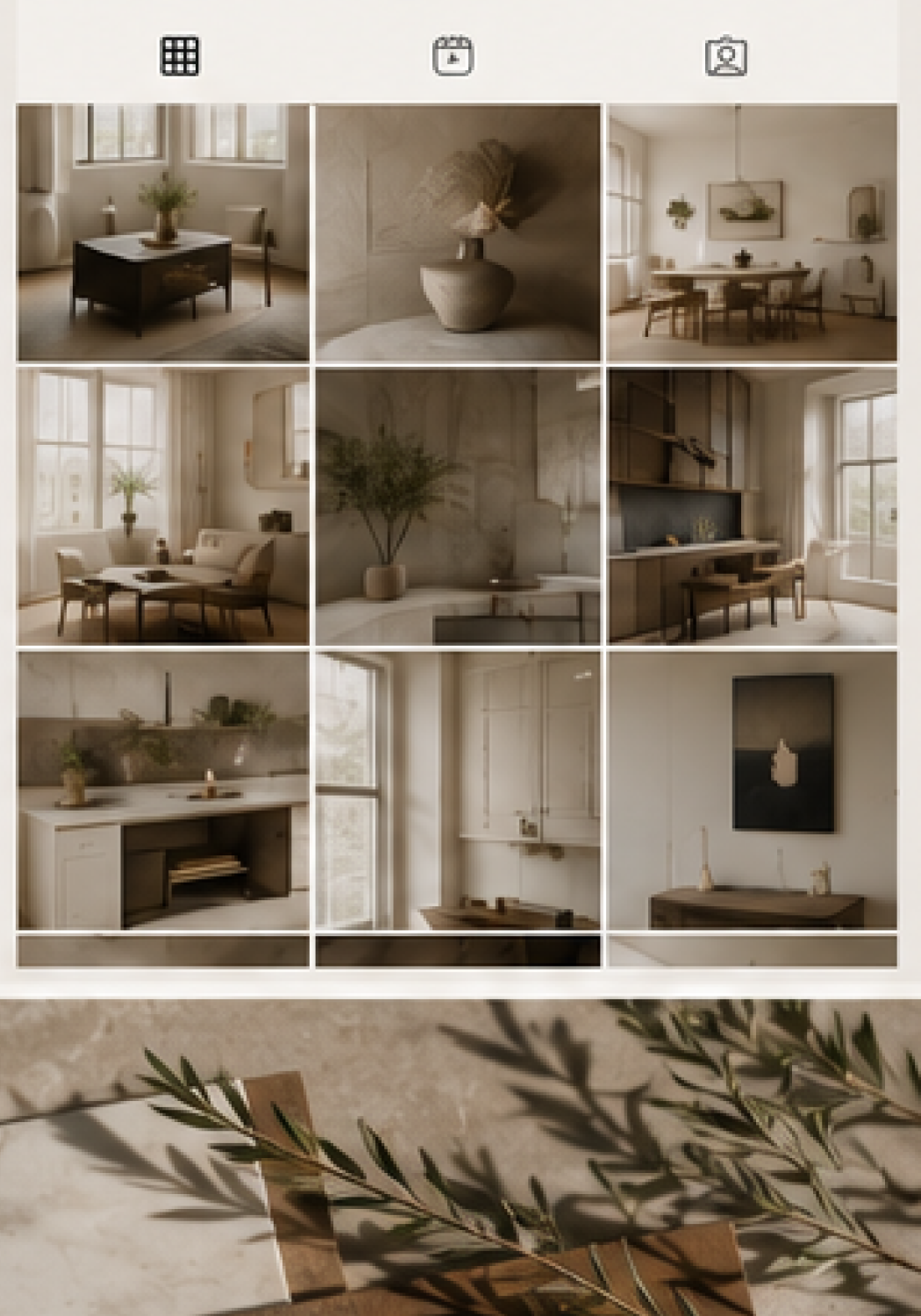 Grid of nine images showing neutral-toned modern interiors with plants, furniture, and decor.
