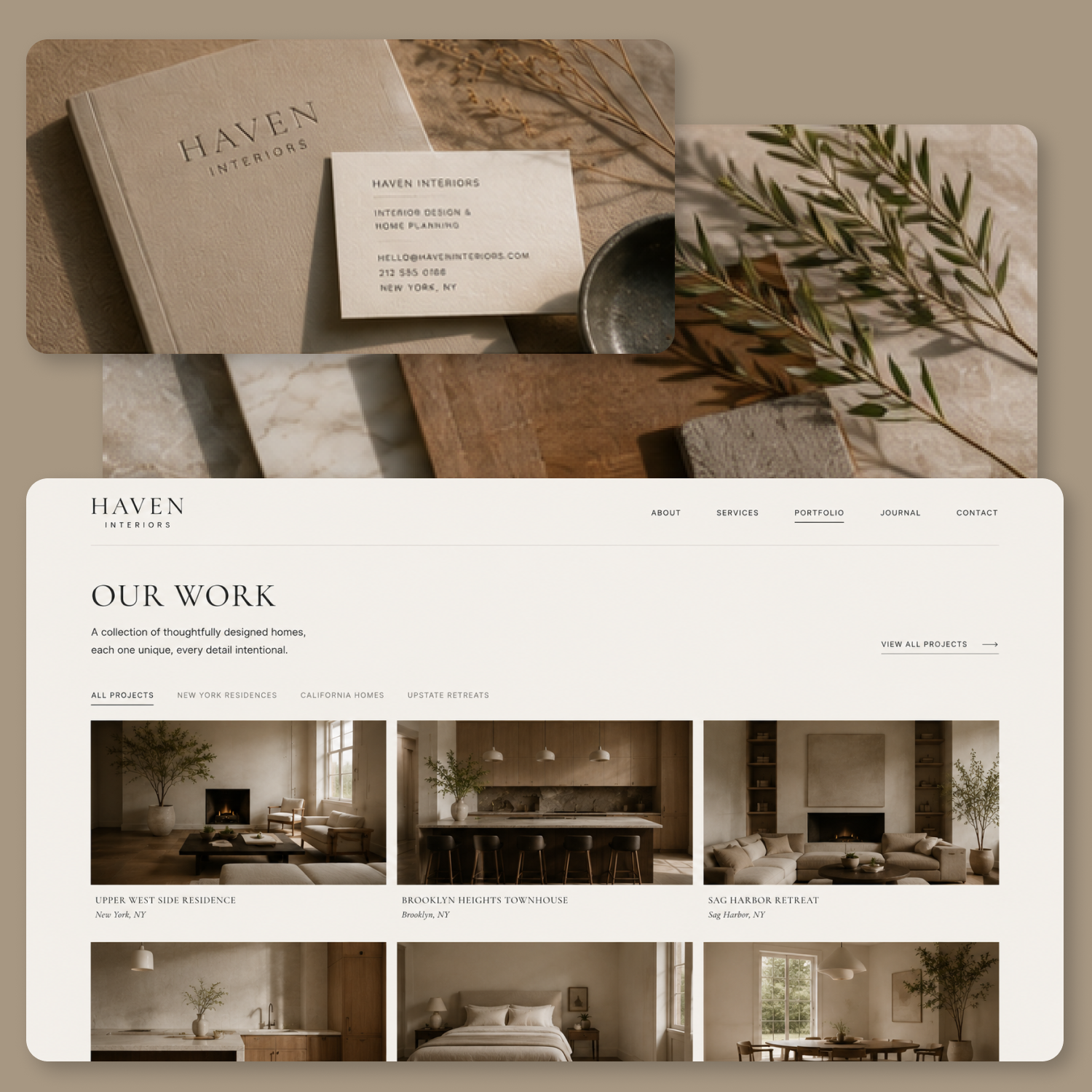 Haven Interiors website portfolio page showing photos of stylish, minimalist home interiors and business card.