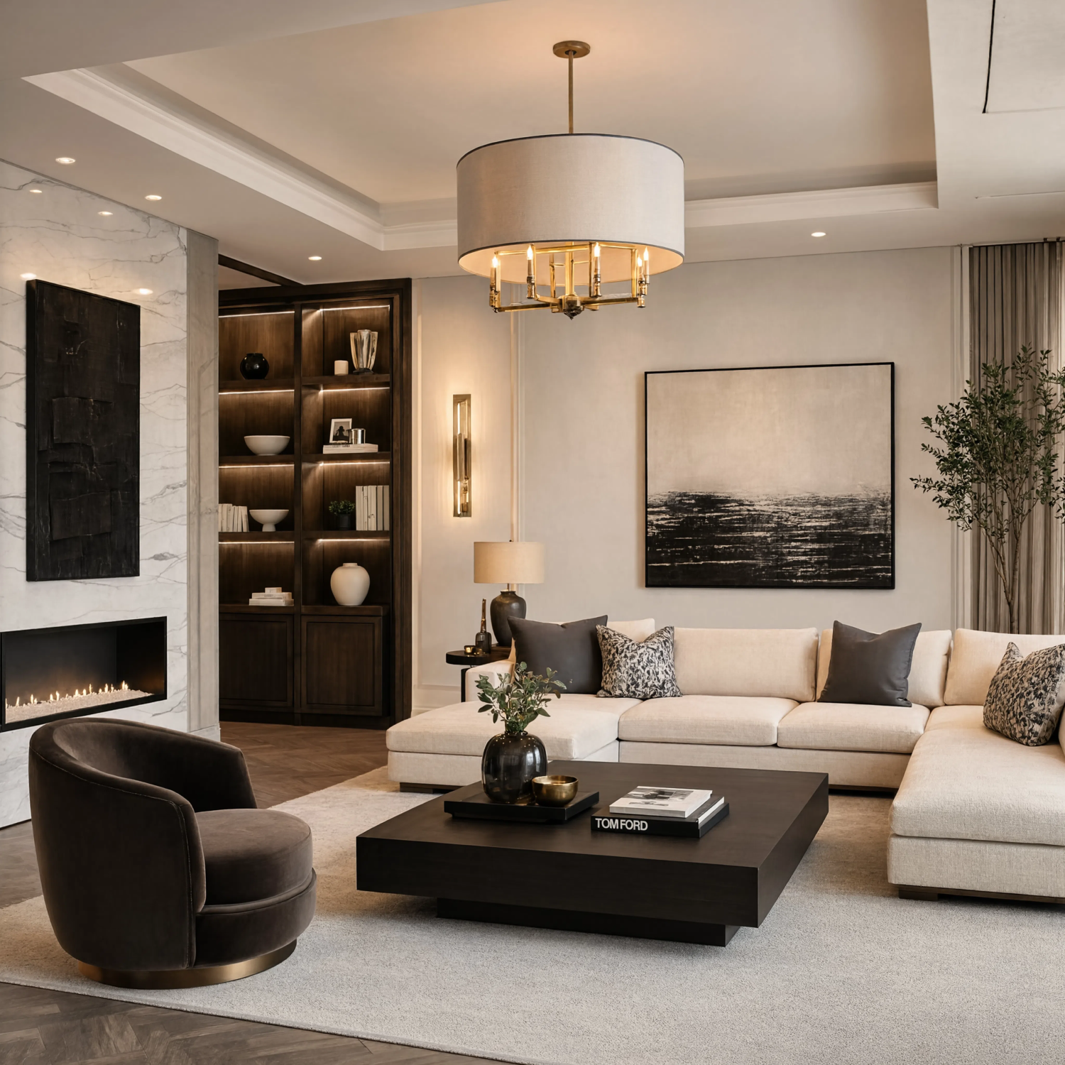 Modern living room with beige sectional, dark armchair, dark coffee table, fireplace, and abstract wall art.