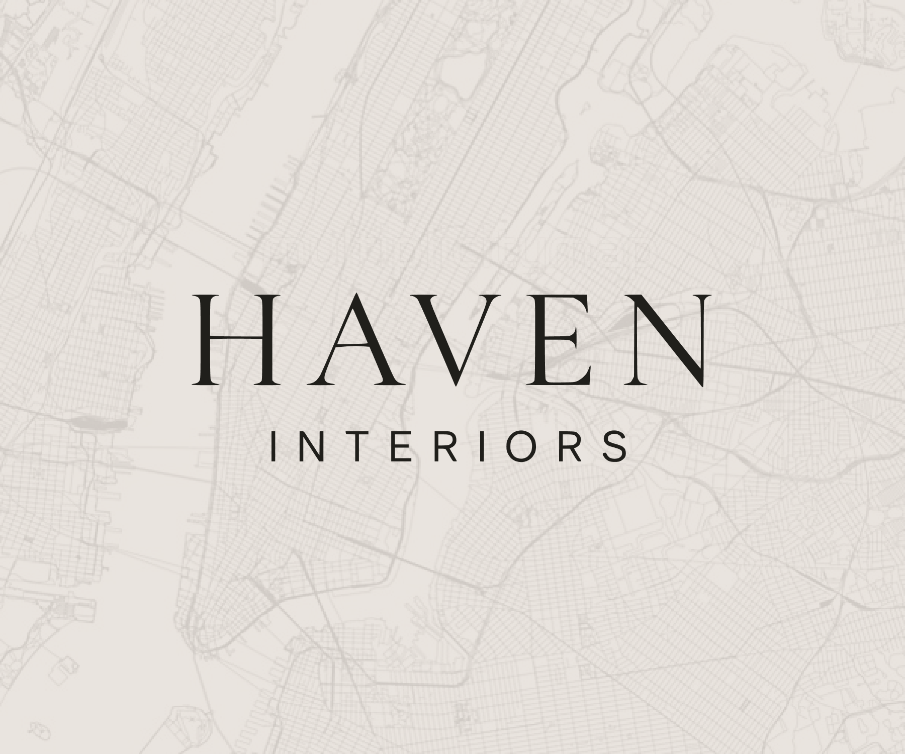 Haven Interiors logo with black text on light gray background featuring a faint city map.