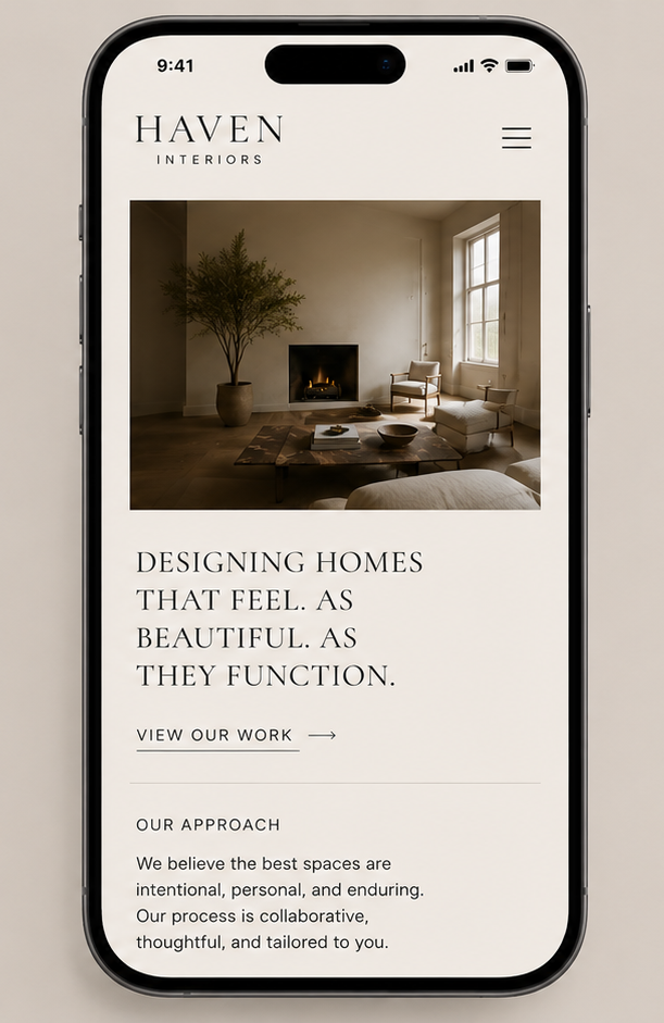 Mobile screen showing Haven Interiors site with living room photo and text about designing beautiful, functional homes.