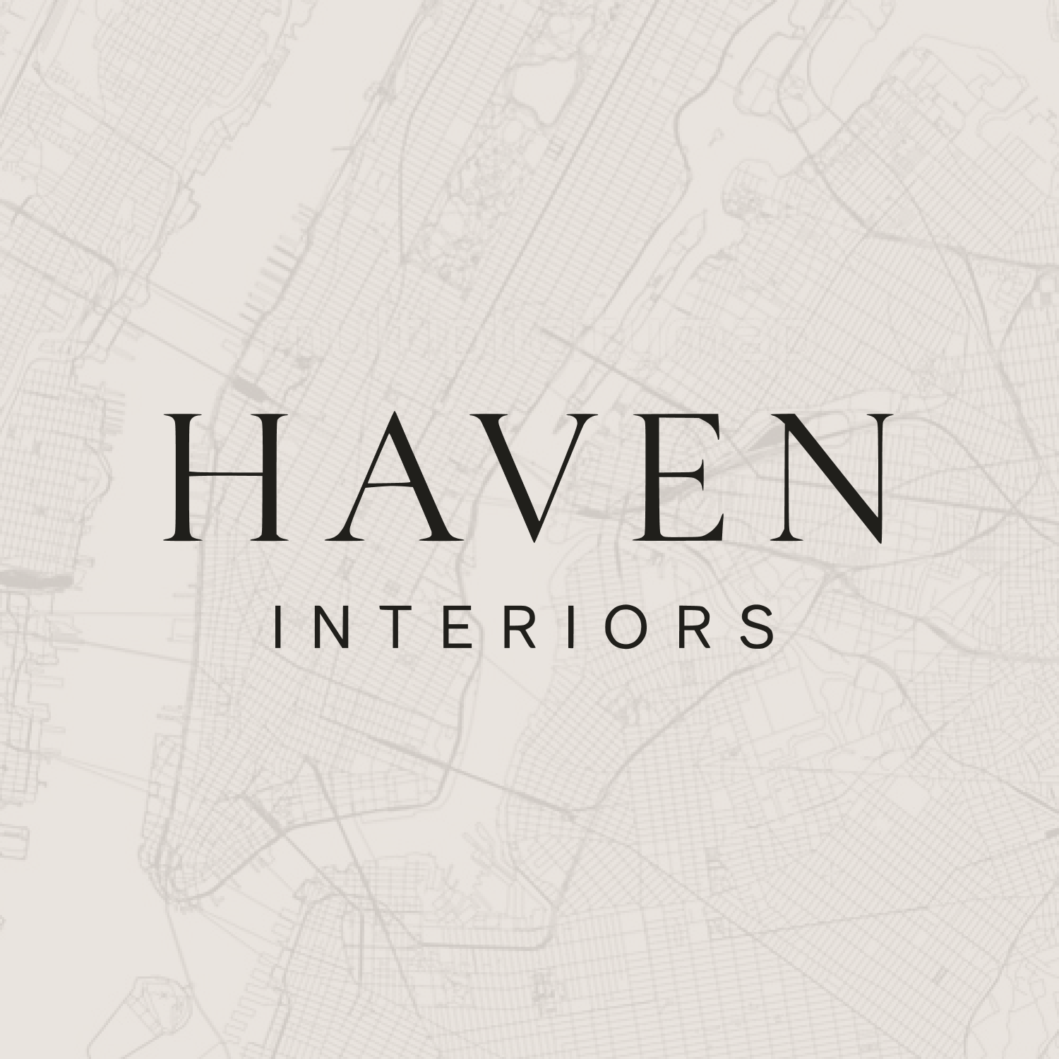 Haven Interiors logo with modern text over a light map background.