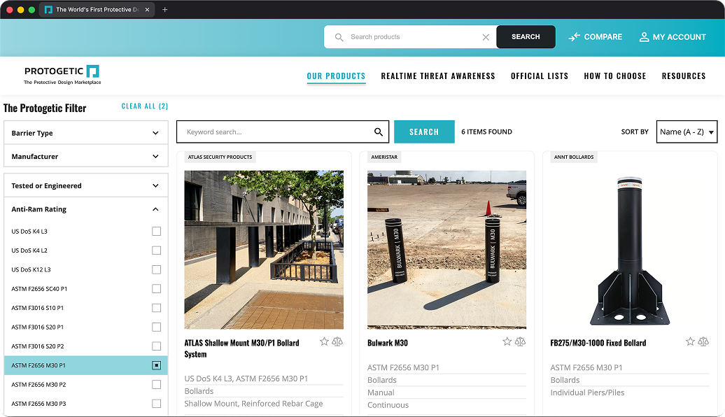 Online marketplace page showing filtered bollard products with search and filter options in a grid layout.