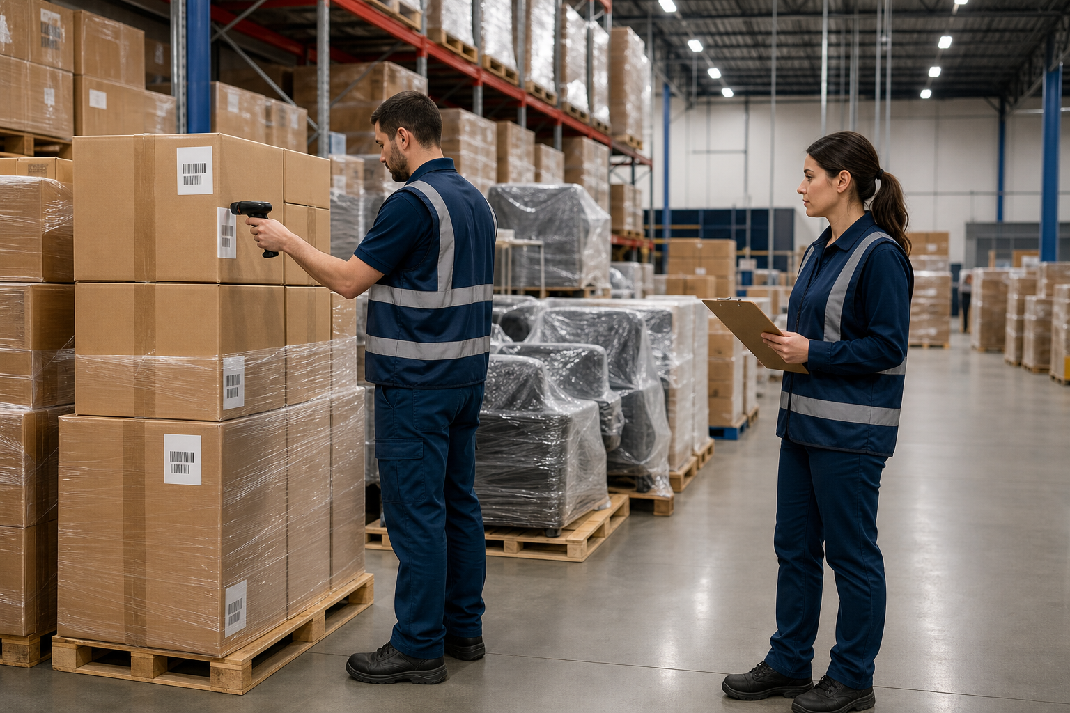 Warehouse team scans an incoming shipment barcode while another checks a packing list beside palletized office furniture and wrapped equipment