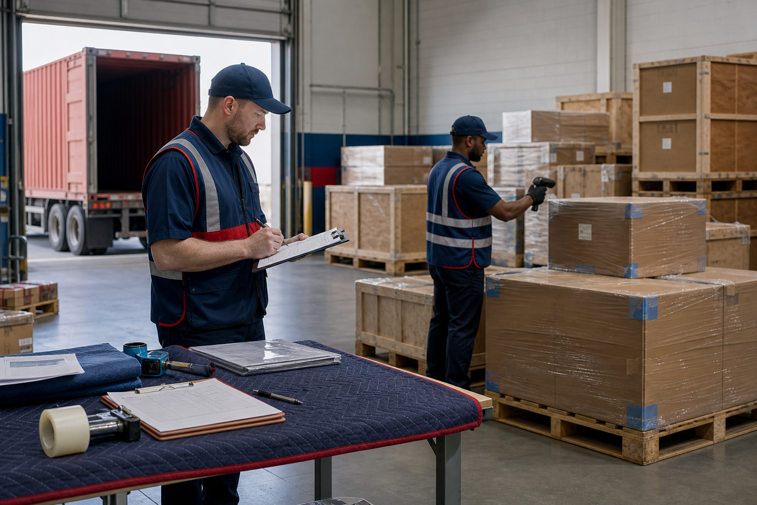 Warehouse worker checks cartons against a clipboard while another scans a label beside wrapped furniture pallets and an inspection table