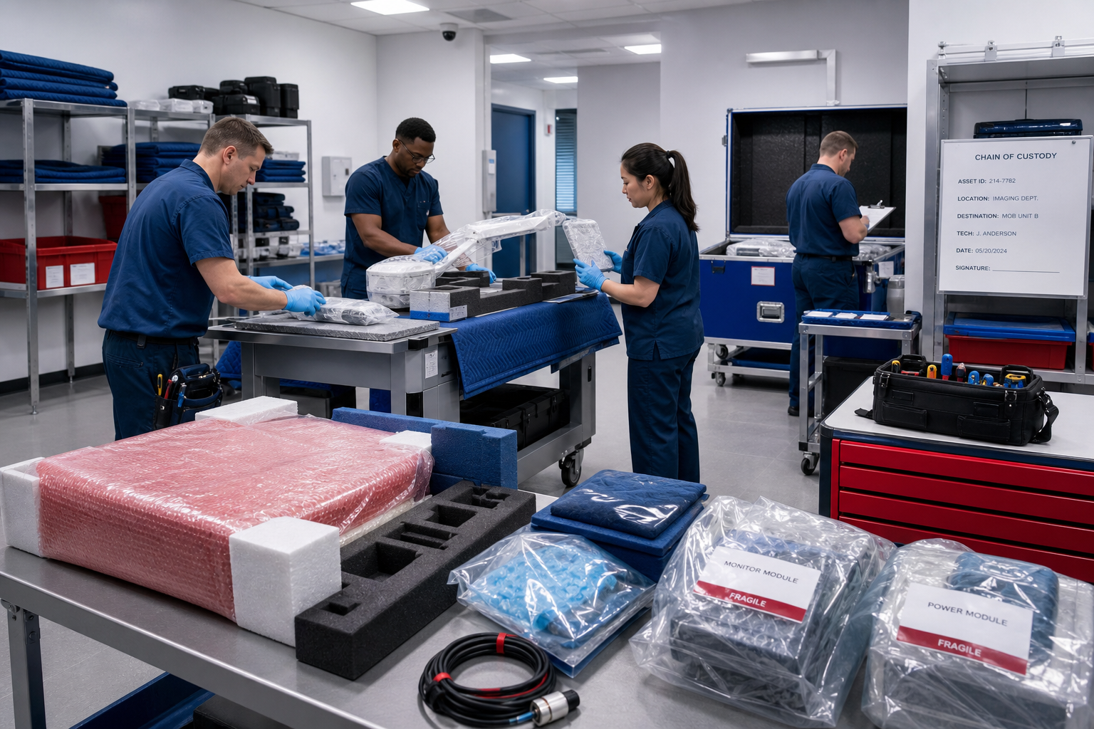 Specialized movers and biomedical technicians wrap and prepare a large medical imaging device for transport in a clinical equipment room
