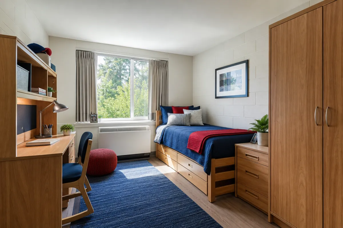 Freshly installed dorm room with bed, desk, chair, dresser, and wardrobe, sunlit and move-in ready