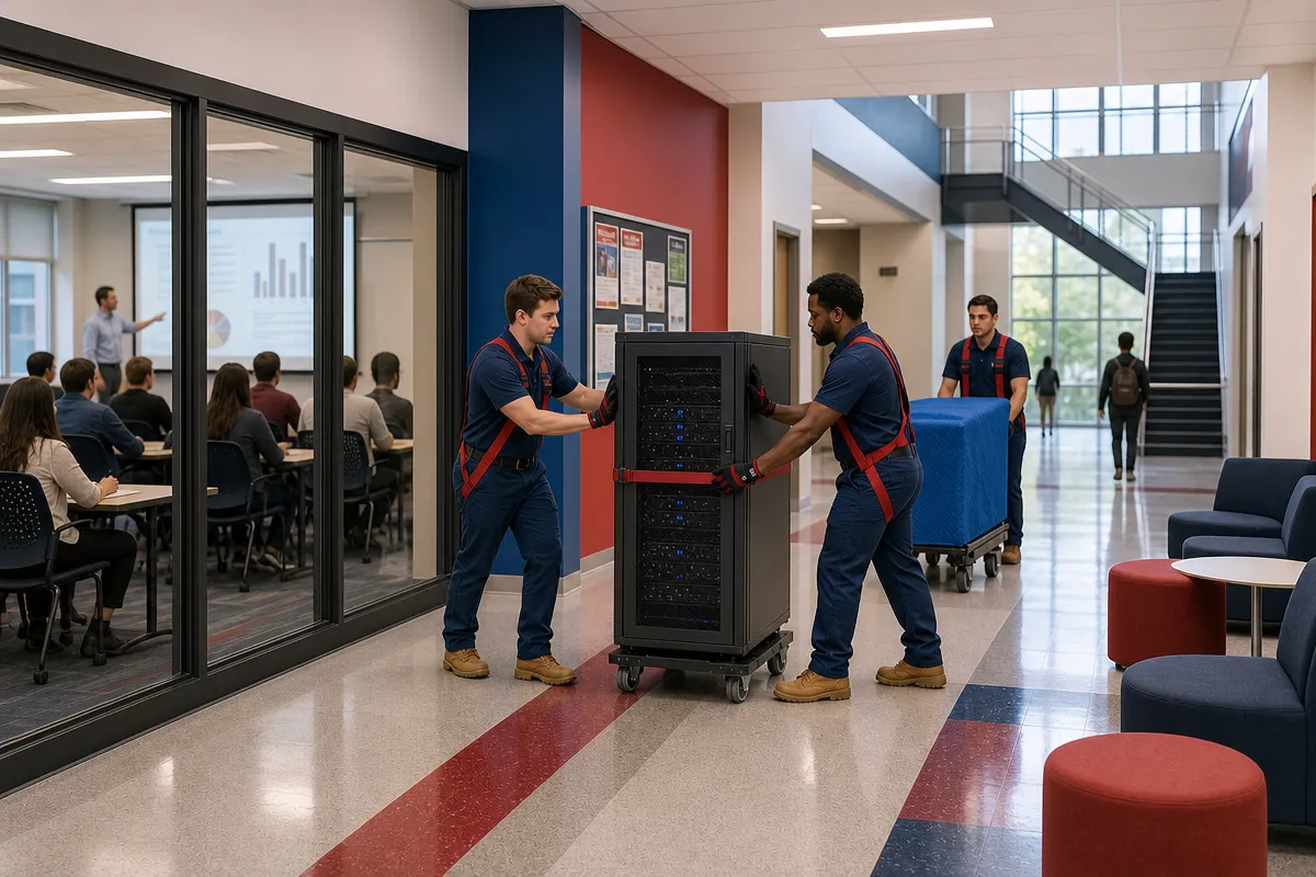 Professional movers guide a server rack through a university hallway during a coordinated campus IT relocation.