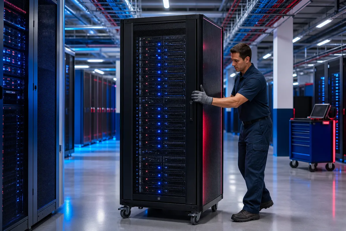 Technician rolls a single AI server rack through a bright data center aisle during planned hardware upgrades