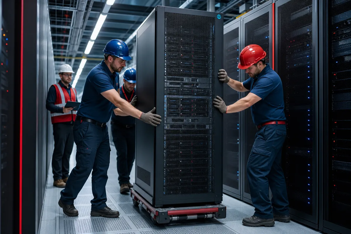 Crew members position a server rack in a bright data center aisle, signaling precise equipment handoff for commissioning