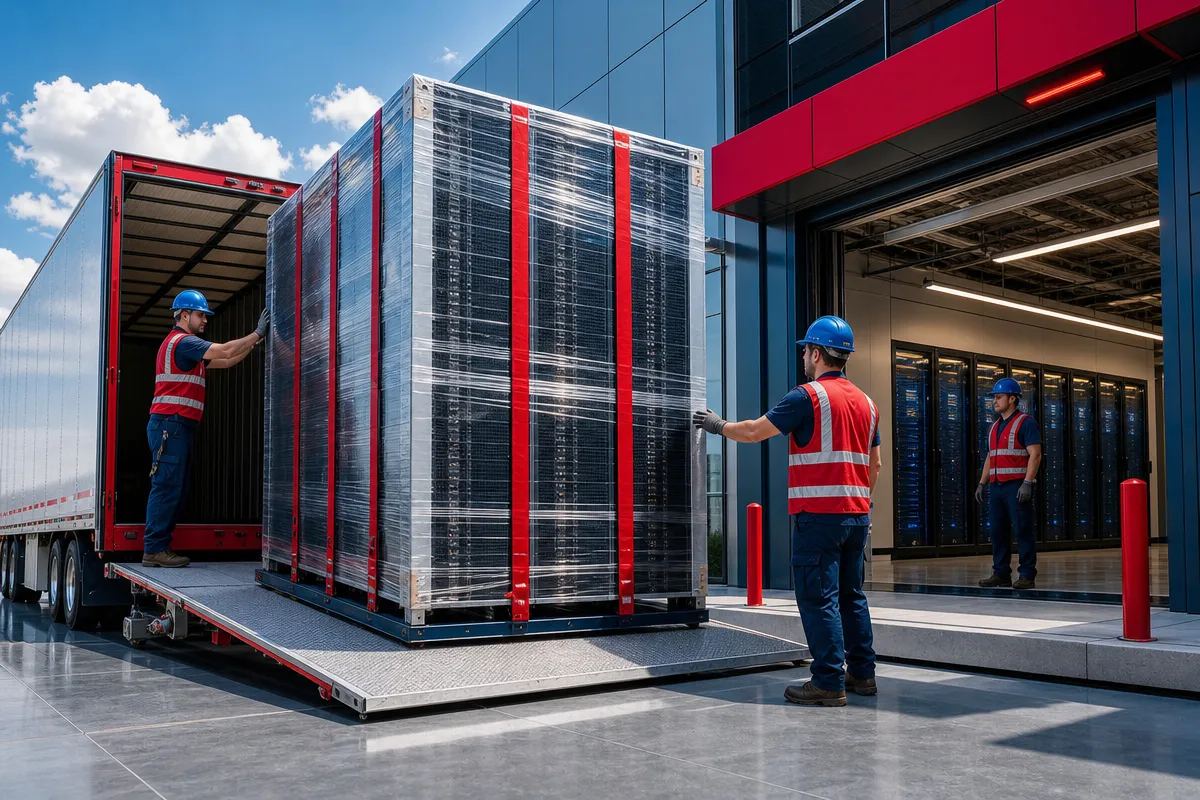 Wrapped server rack crate being guided from a truck to a modern data center entrance by workers in safety vests