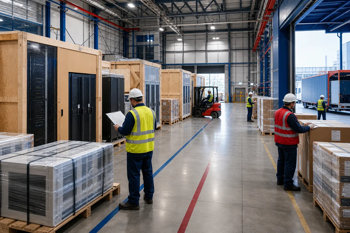 Warehouse staging area with crated data center equipment and workers checking labels for phased shipment release to a construction site