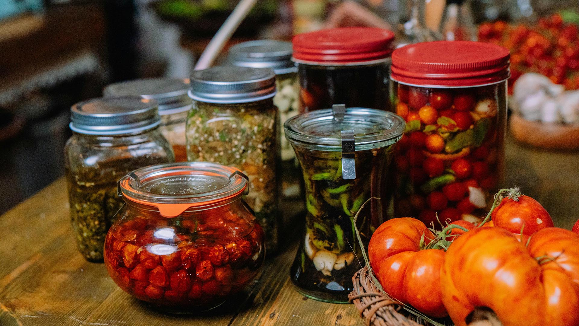 Homemade vegetable preserves in jars.