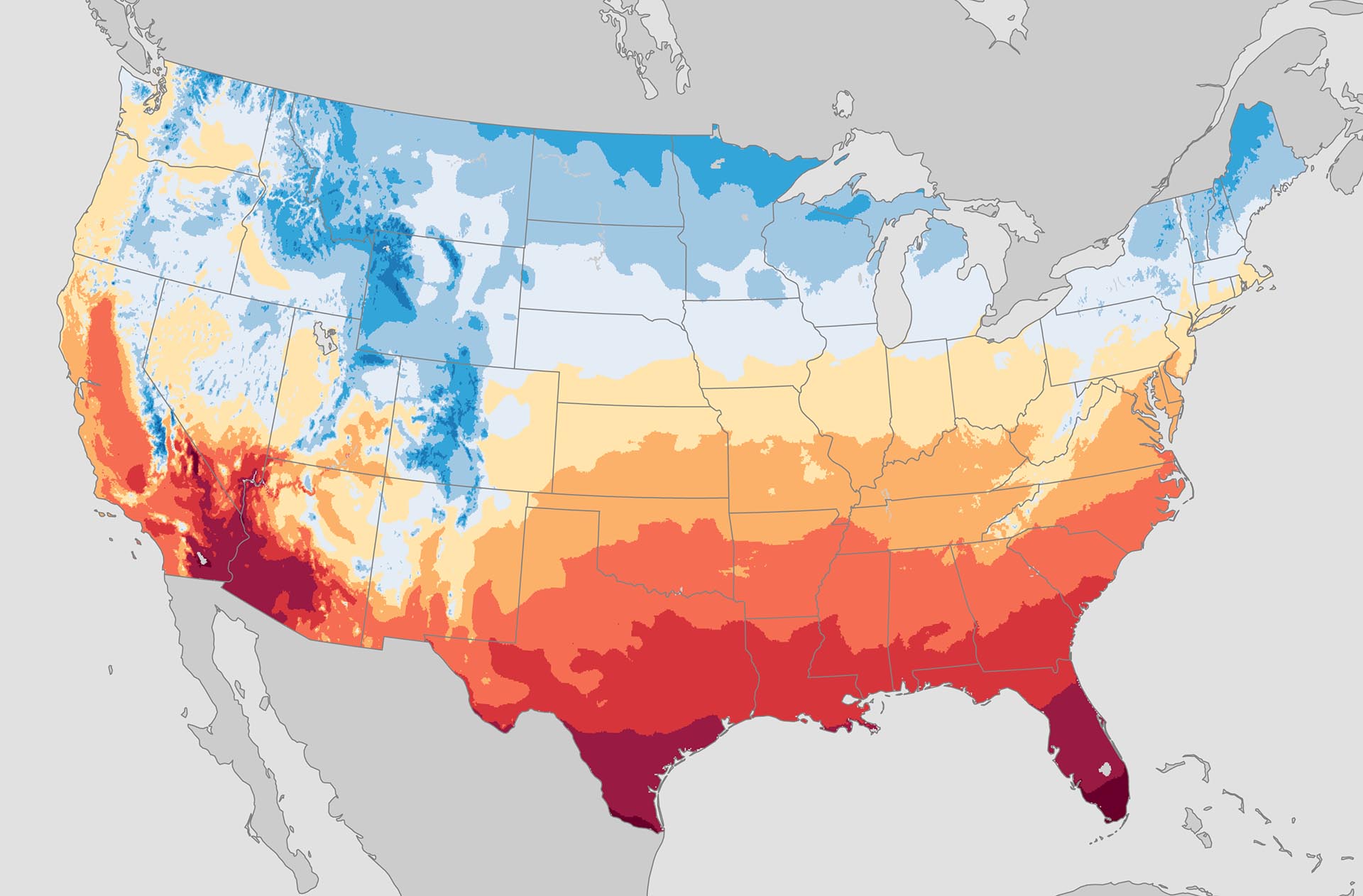 A map of average annual temperatures in America from 1991 through 2020.